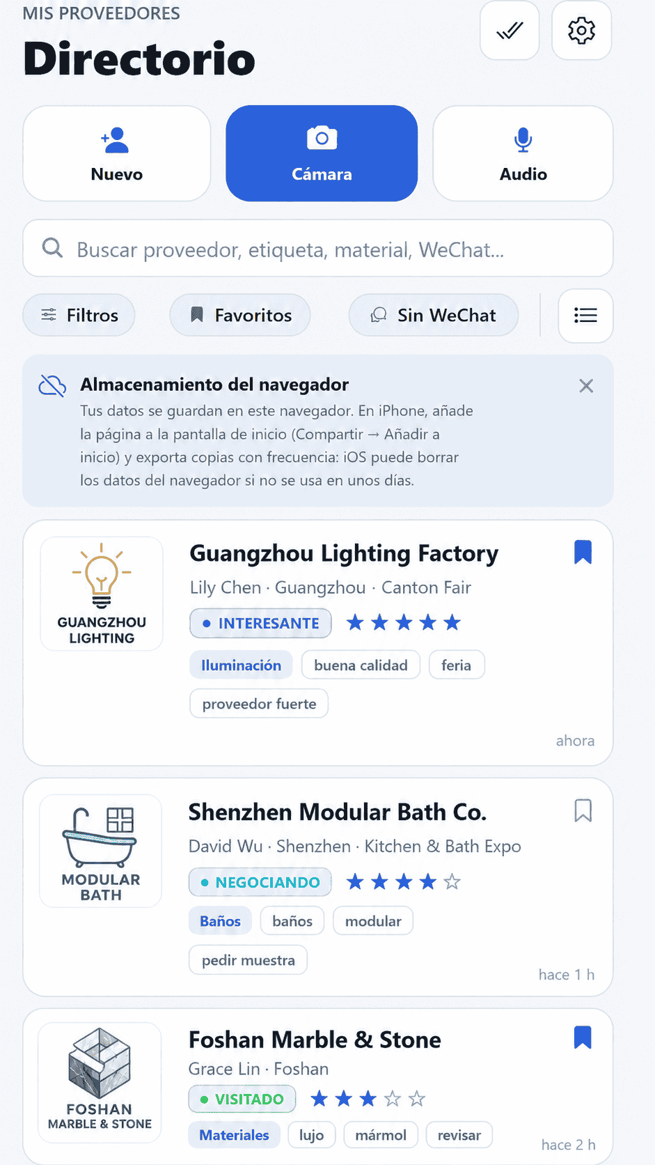 Contactogravital en móvil, con el directorio de proveedores apilado en fichas y los accesos a cámara y audio