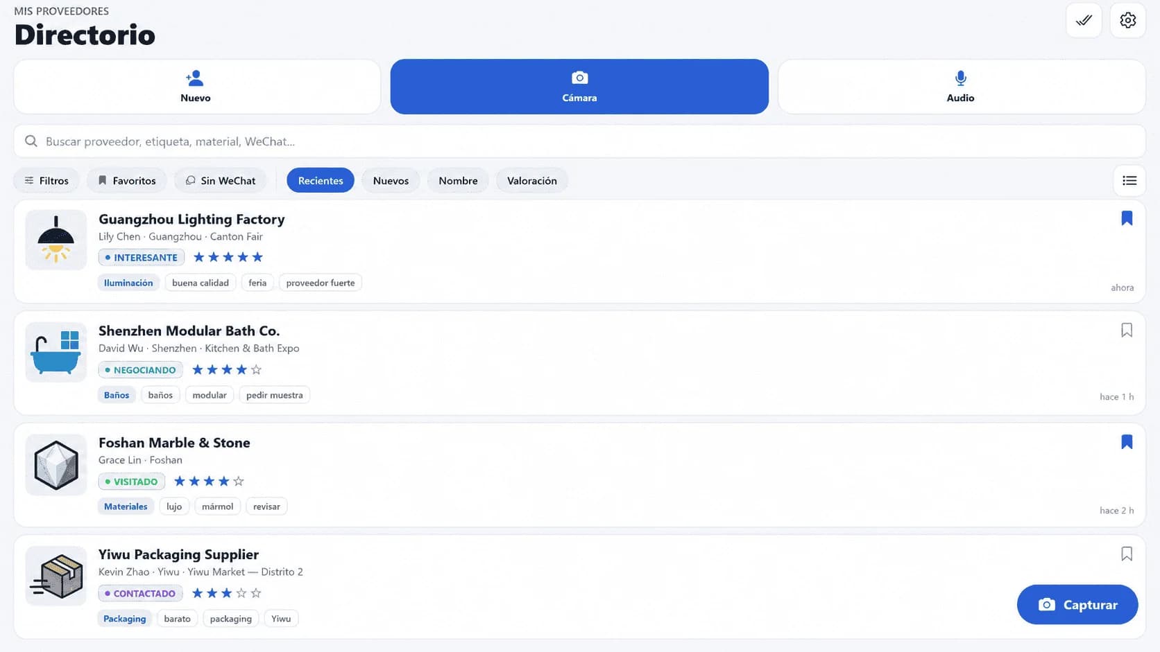 Directorio de proveedores de Contactogravital con fichas de fábricas, estado de la relación, valoración, etiquetas y accesos directos a cámara y audio