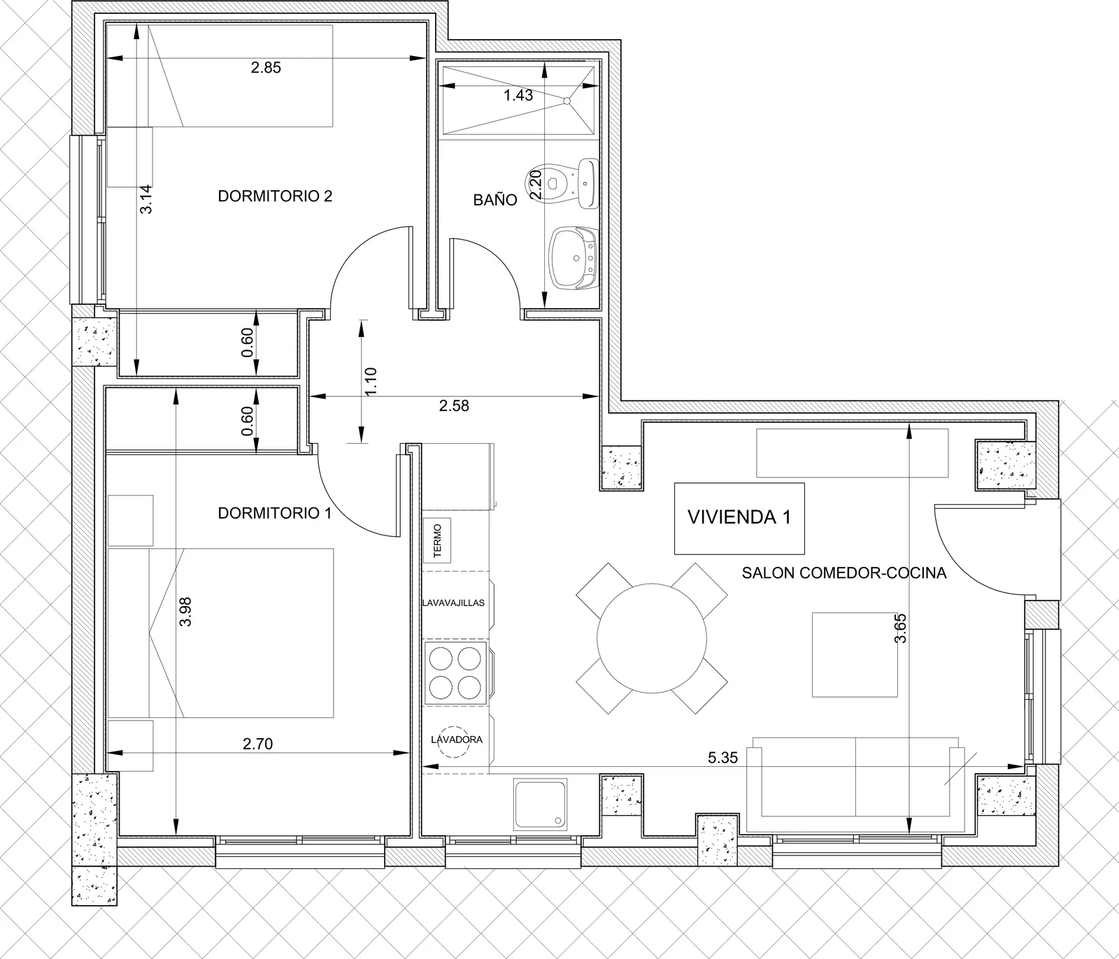 Plano de la vivienda 1 con dos dormitorios, baño y salón-comedor-cocina