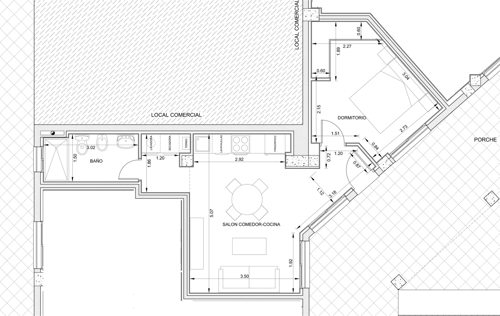 Plano de la vivienda 2 con salón-comedor-cocina y baño