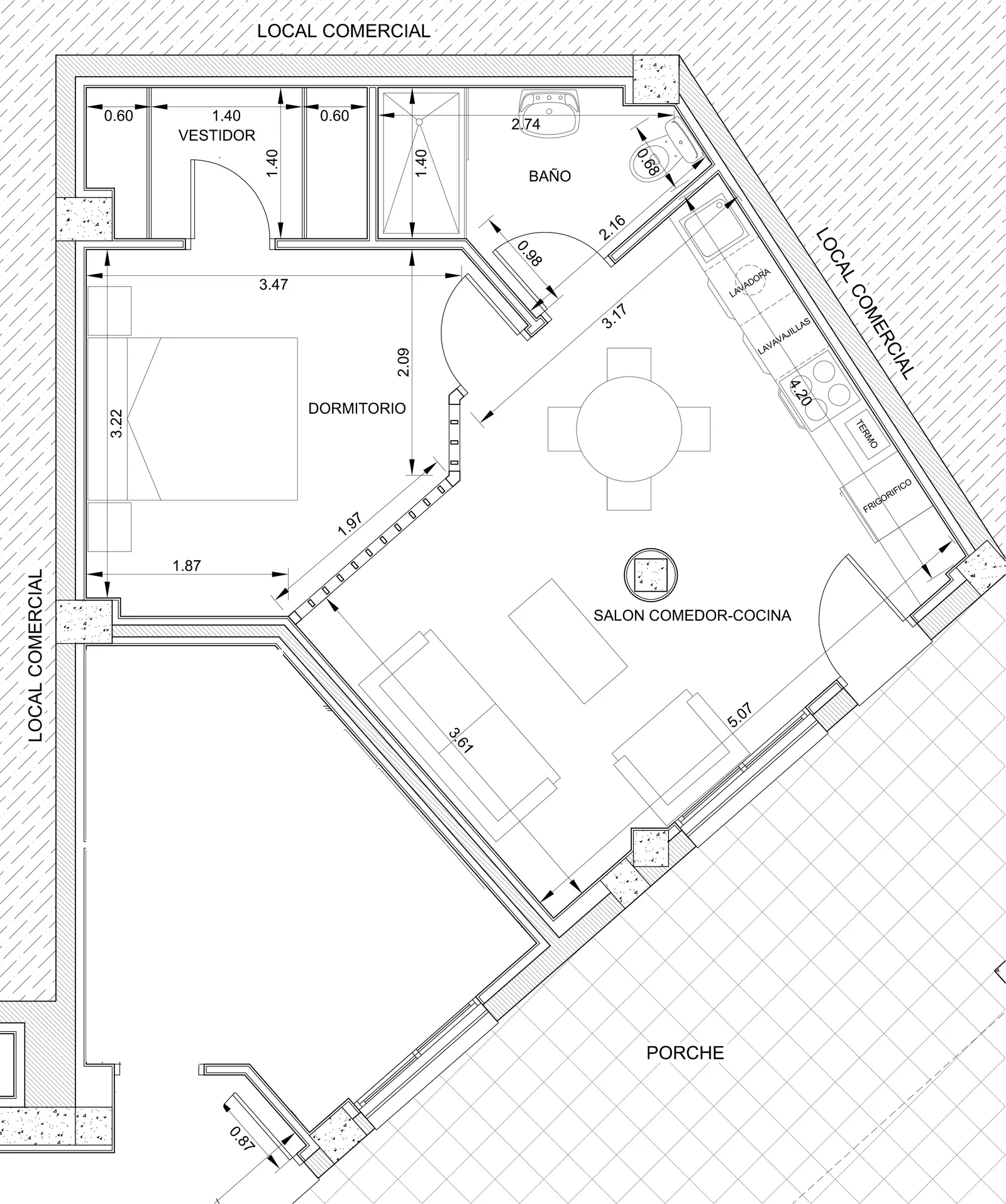 Plano de la vivienda 3 con dos dormitorios, vestidor y baño